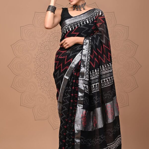 Linen sarees101 Black with Red printed Cotton Saree