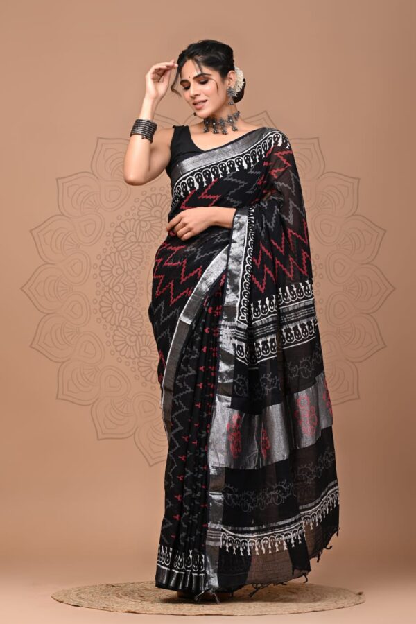 Black with Red printed Cotton Saree