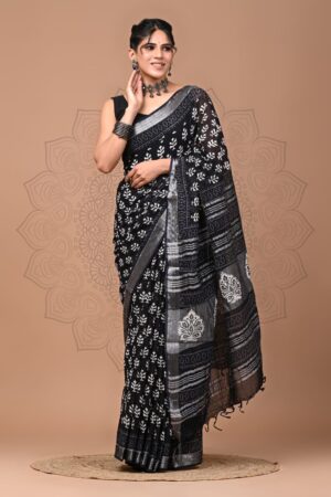 Almost Black Linen Block Print Saree