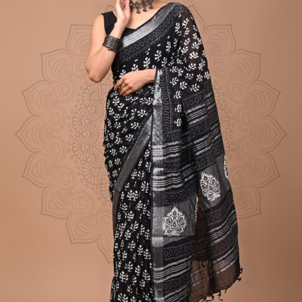 Linen sarees102 Almost Black Linen Block Print Saree