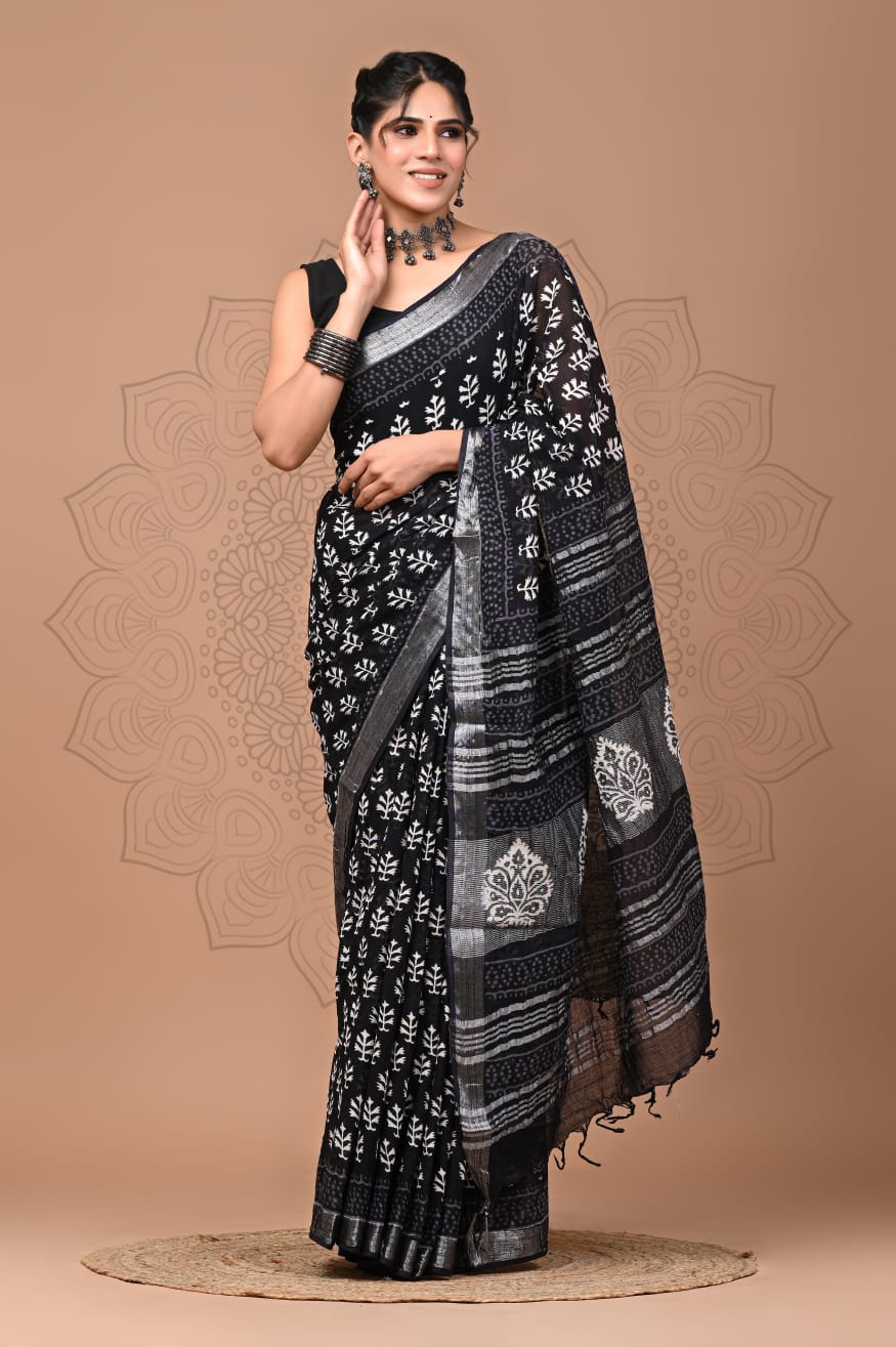 Almost Black Linen Block Print Saree 1 Almost Black Linen Block Print Saree