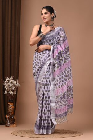 Pale slate Block Print Linen Saree