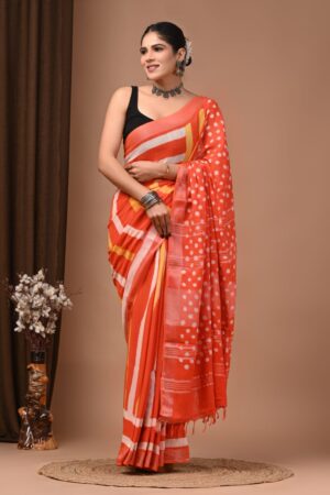 Jasper Block Print Linen Saree