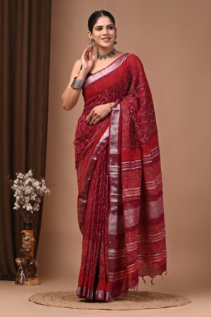 Cardinal Linen Block Print Saree