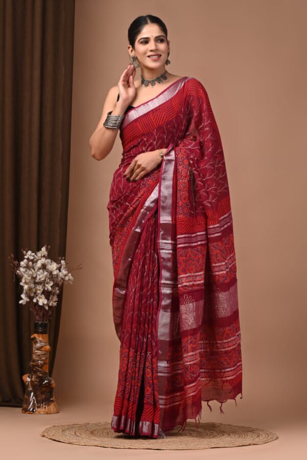 Cardinal Linen Block Print Saree