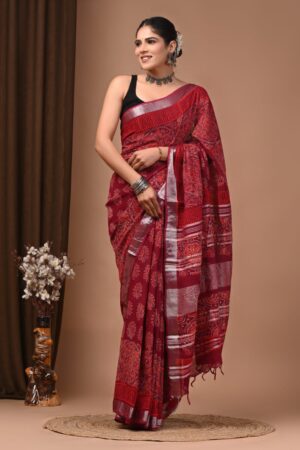 Dark Tan Linen Block Print Saree