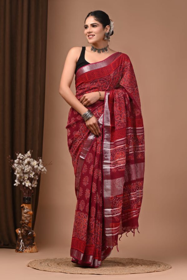 Dark Tan Linen Block Print Saree
