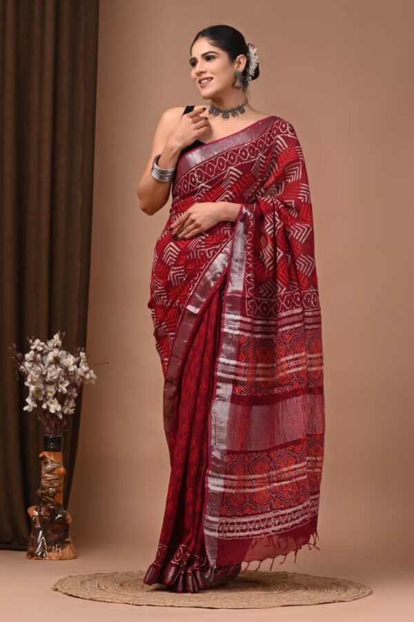 Wine Red Linen Cotton Printed Sarees