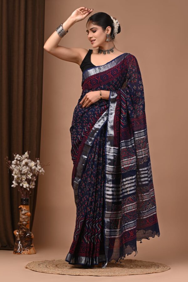 Blue Linen Cotton Saree