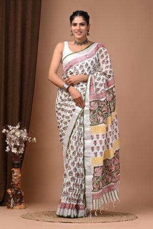Green White Linen Cotton Saree