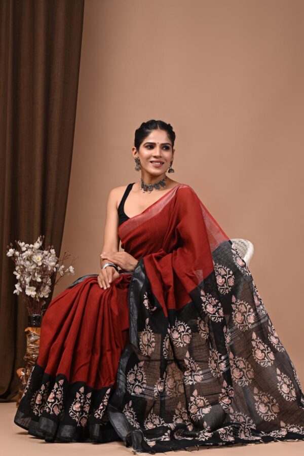 Red Hand Block Printed Linen Cotton Sarees