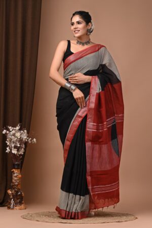 Red Hand Printed linen cotton sarees