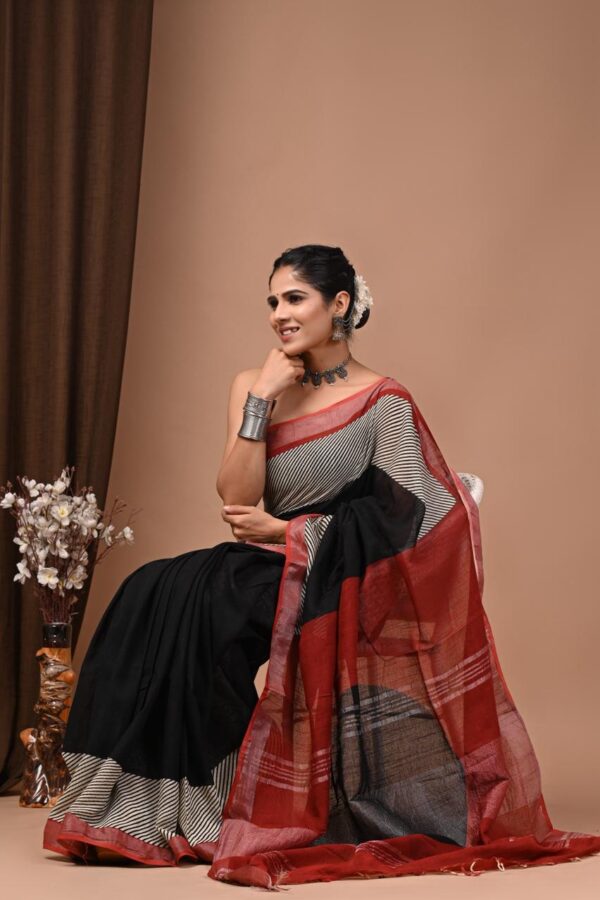 Red Hand Printed linen cotton sarees