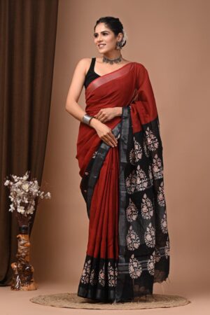 Red Hand Block Printed Linen Cotton Sarees