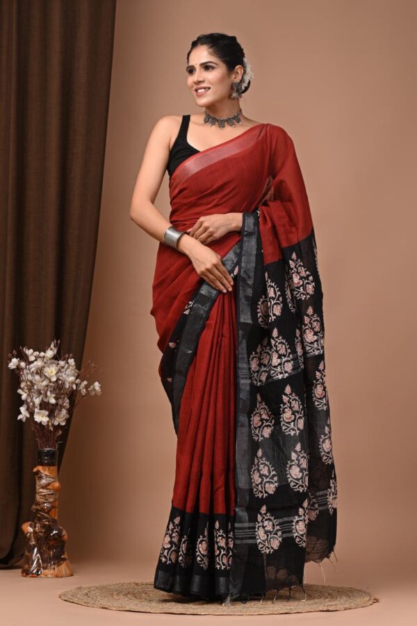 Red Hand Block Printed Linen Cotton Sarees