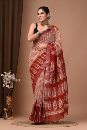 Ironstone Block Printed Linen Cotton Saree
