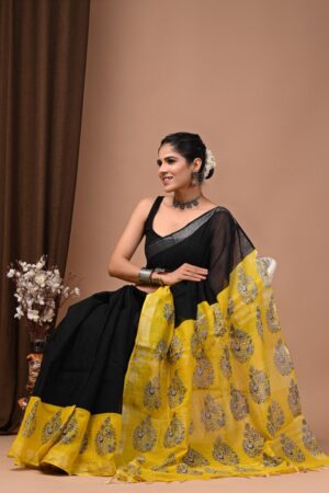 Black & Yellow Linen Cotton Saree