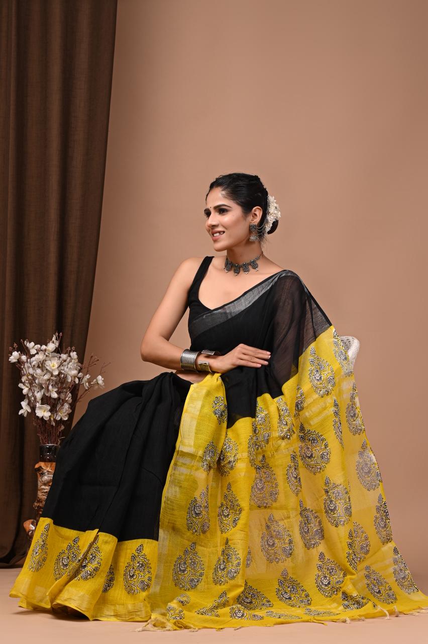 Black & Yellow Linen Cotton Saree 1 Black & Yellow Linen Cotton Saree