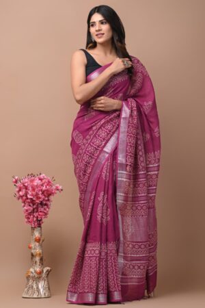 Solid Pink Hand Block Printed Cotton Saree