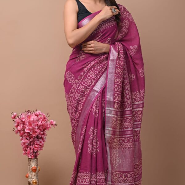 Linen sarees61 Solid Pink Hand Block Printed Cotton Saree