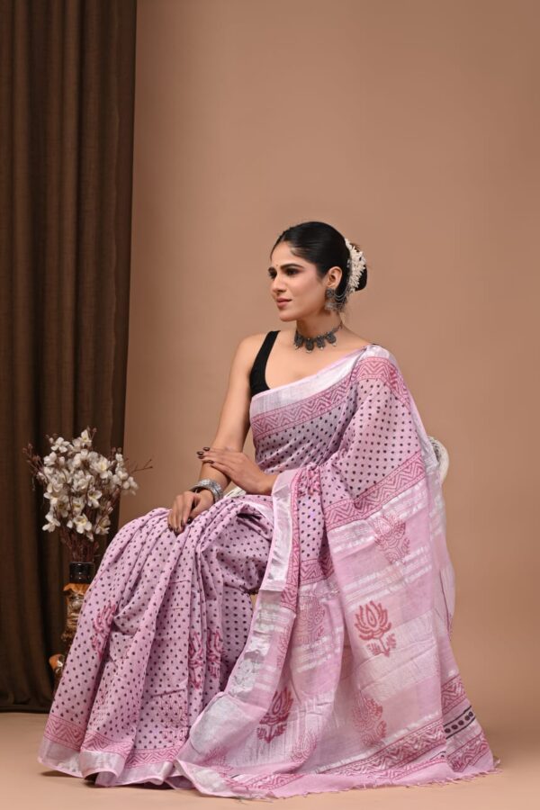 Clam Shell Block Print Linen Saree
