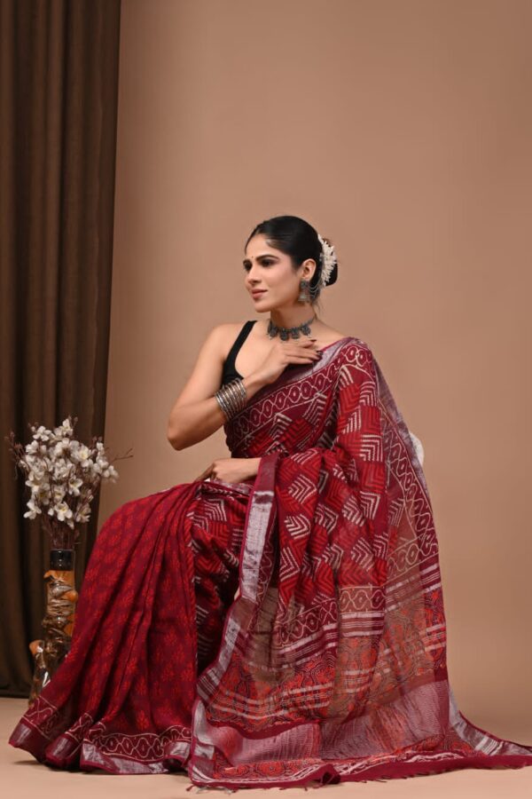 Wine Red Linen Cotton Printed Sarees