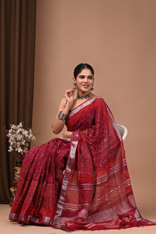 Cardinal Linen Block Print Saree