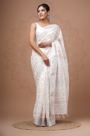 Milk White Block Printed Cotton Saree
