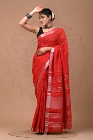 Persian Red Linen Cotton Saree