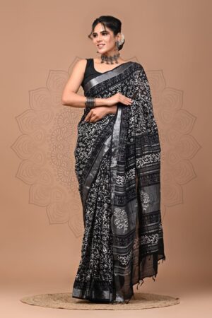 Dark Grey Linen Cotton Saree