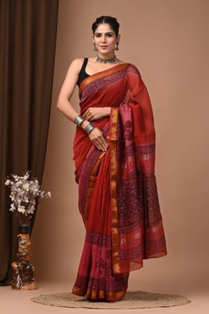 Vivid Auburn Maheshwari Silk Saree