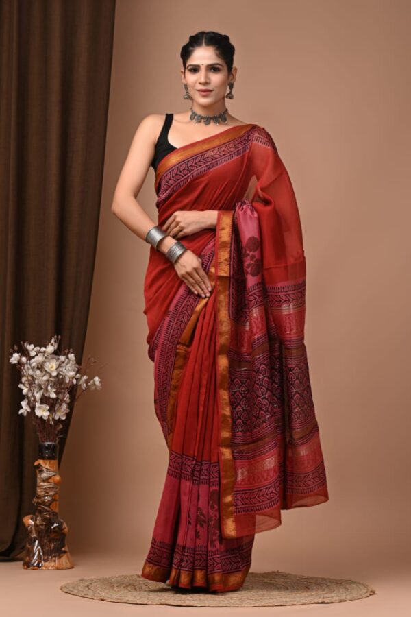 Vivid Auburn Maheshwari Silk Saree