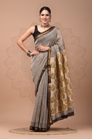 Grey Olive Maheshwari Silk Saree