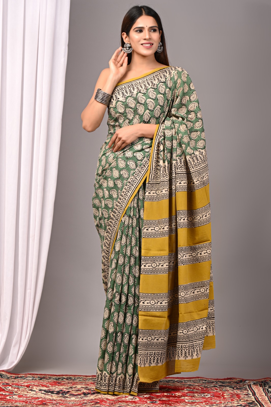 Bagru hand block printed cotton saree handmade in Rajasthan