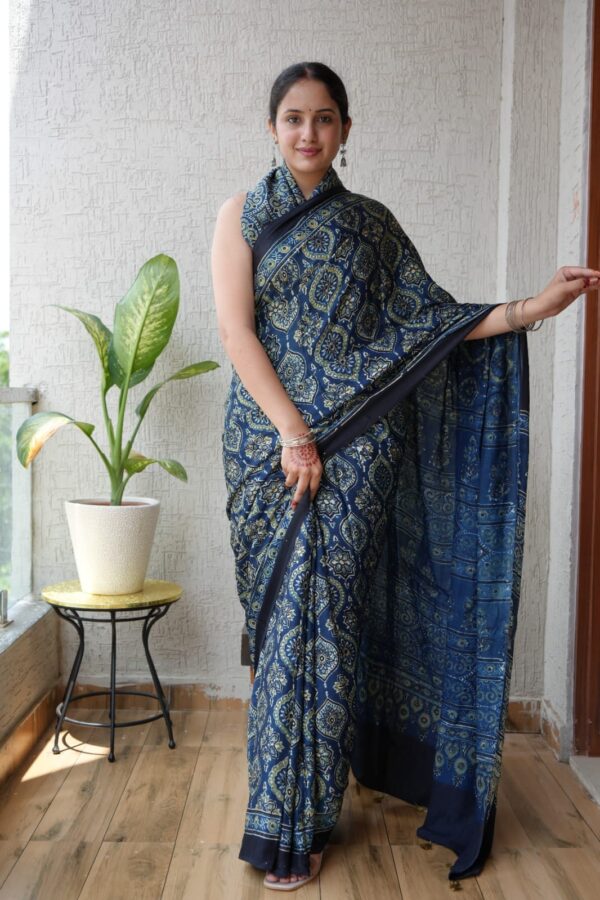 Blue Zodiac Ajrakh Modal Silk Saree