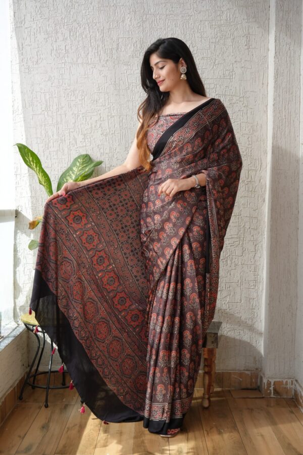 Copper Rust Ajrakh Modal Silk Saree