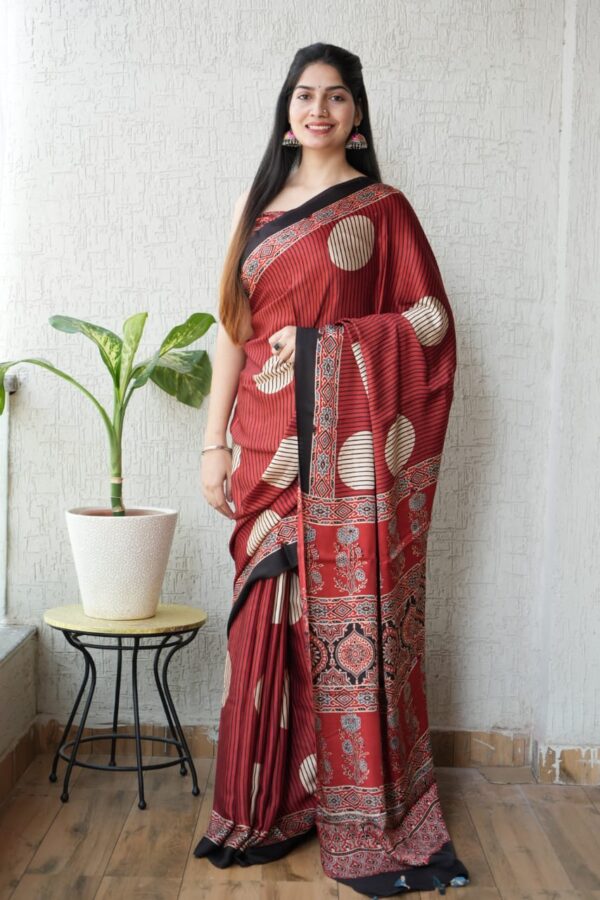 Dull Red Ajrakh Modal Silk Saree