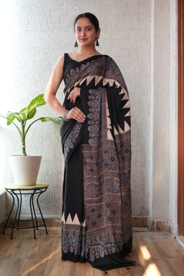Dark Jungle Ajrakh Modal Silk Saree
