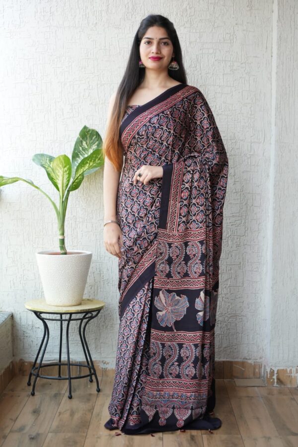 Black Ajrakh Modal Silk Saree