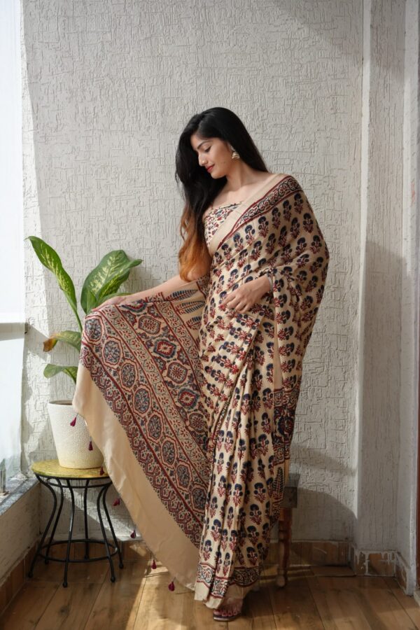 Mocha Ajrakh Modal Silk Saree