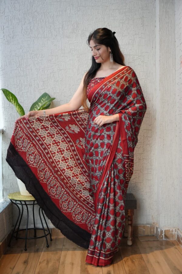 Deep Carmine Ajrakh Modal Silk Saree