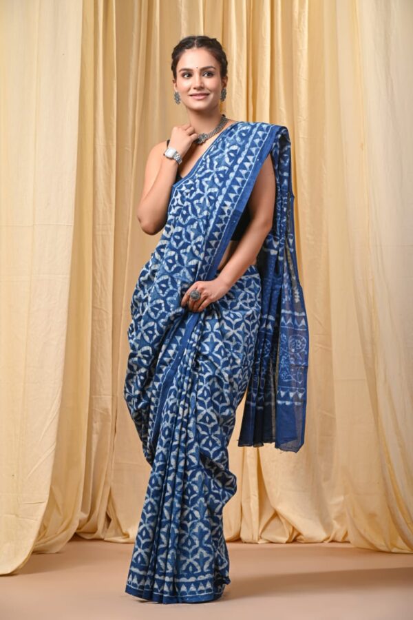 Dark Grey Blue Cotton Saree