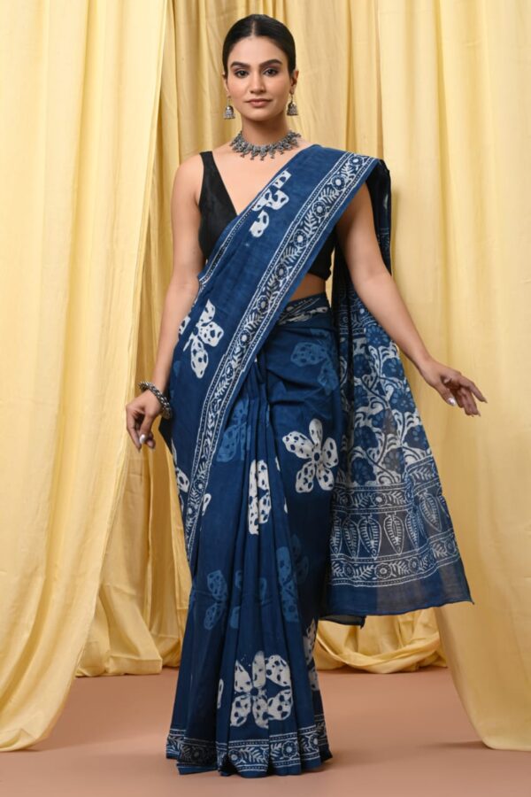 Dark Blue Grey Cotton Saree