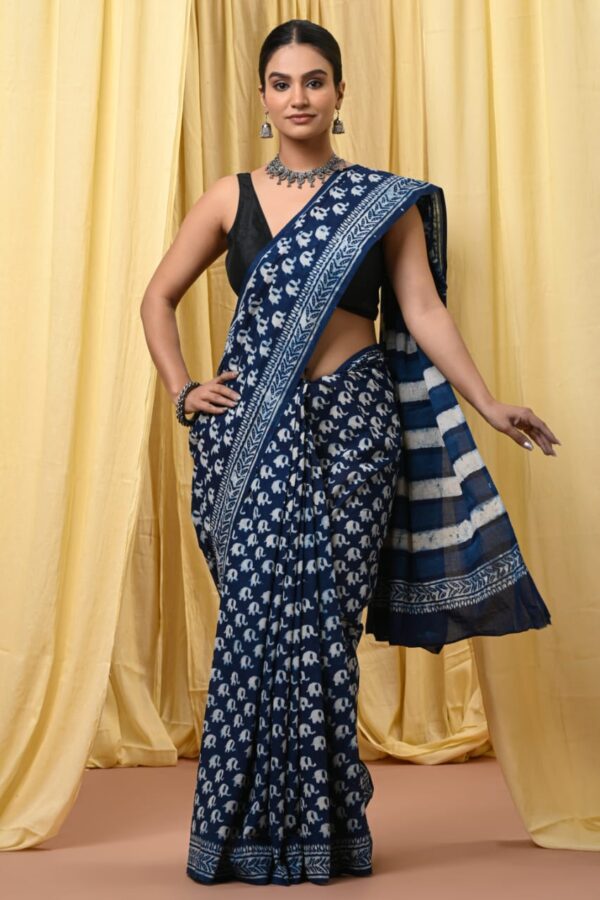 Dark Blue Grey Cotton Saree
