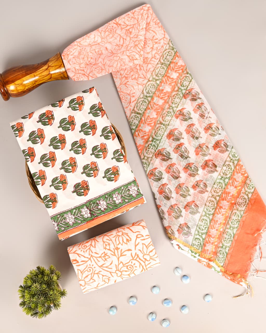 Traditional Block Printed Cotton Suit with Kota Doria