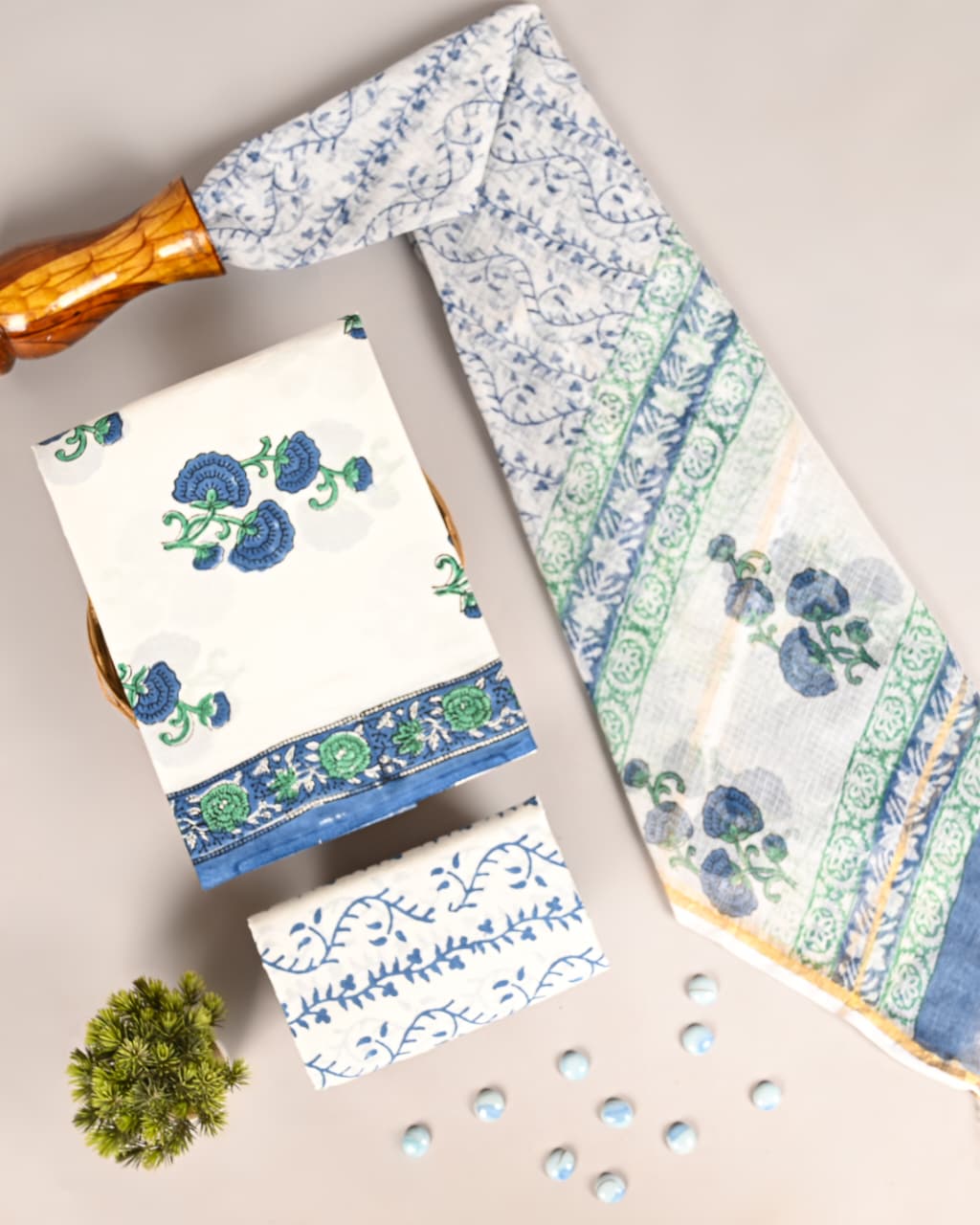 Traditional Hand Block Cotton Suit Material with Kota Doria