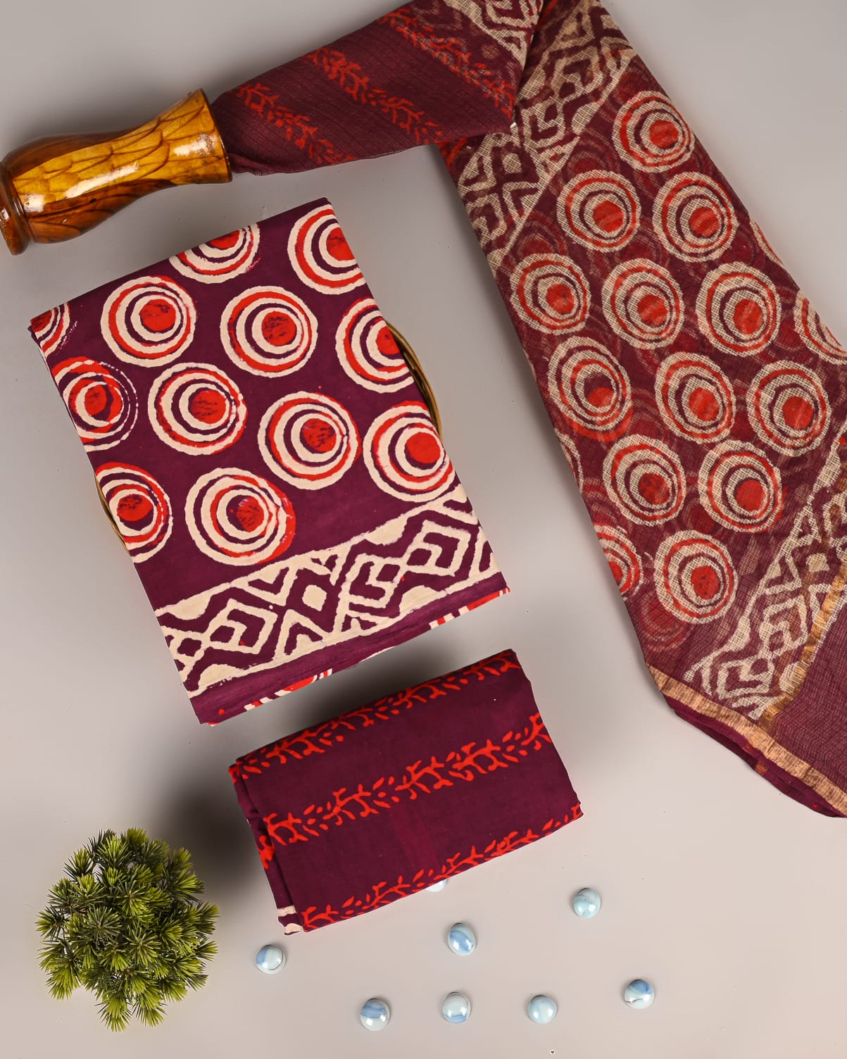 Comfortable Cotton Hand Block Suit with Kota Doria