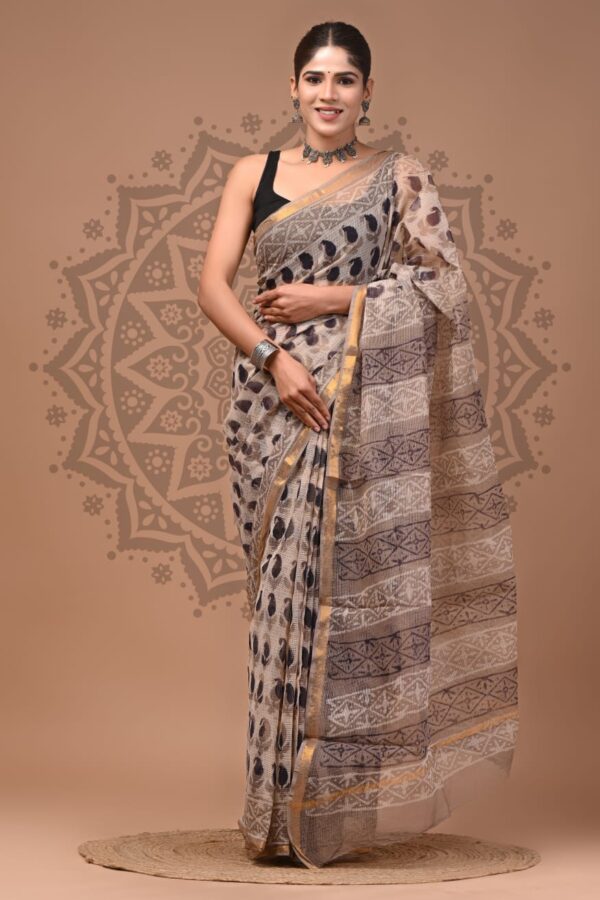 Floral Hand Block Kota Doria Saree