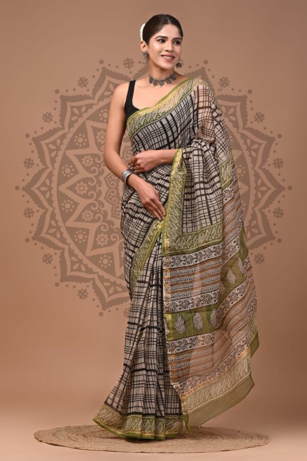 Bagru Hand Block Printed Kota Doria Saree