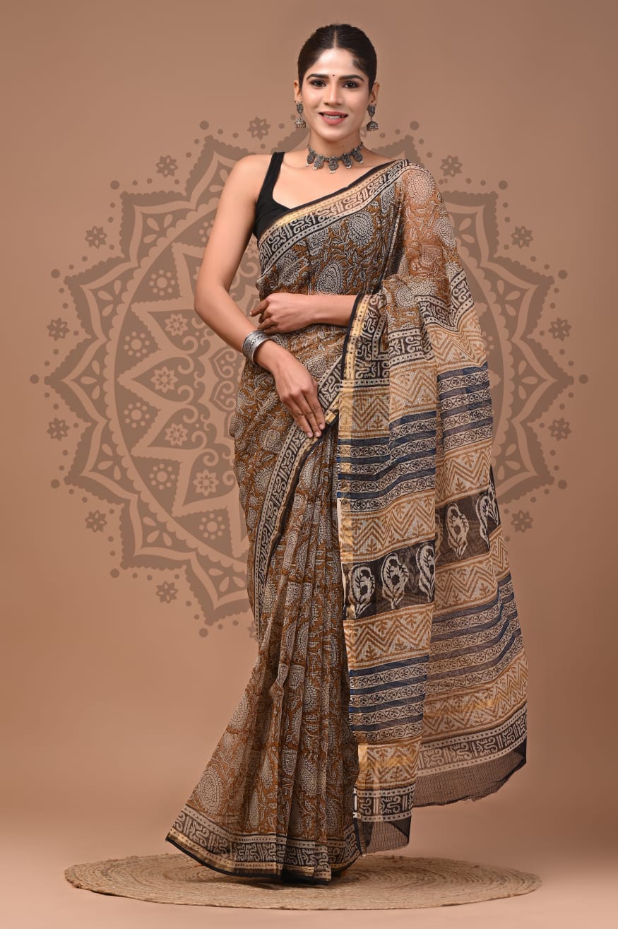 Traditional Kota Doria Hand Block Printed Saree